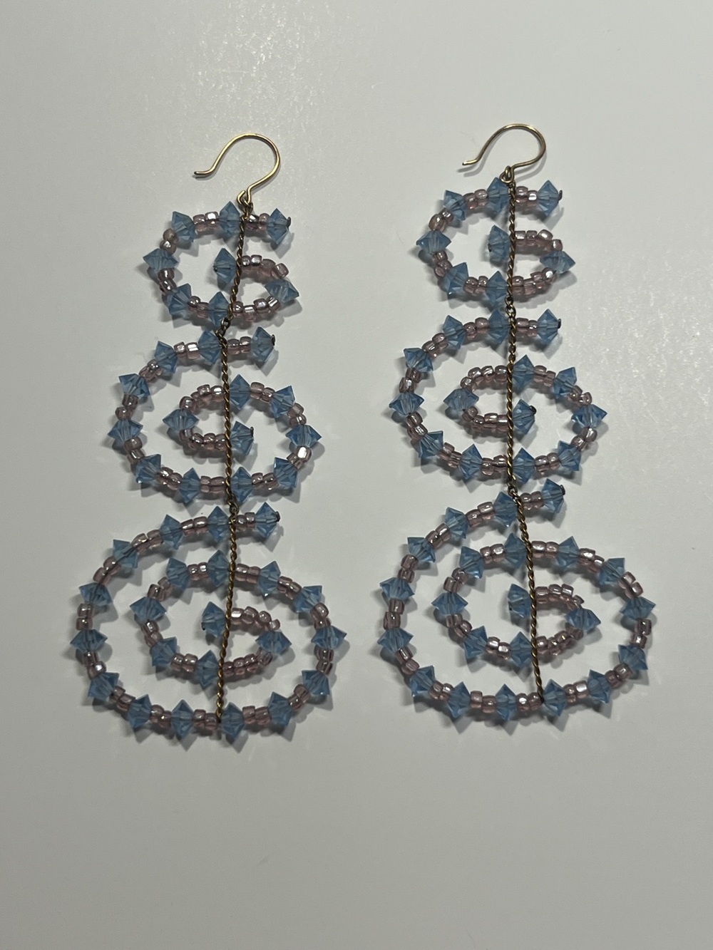 Swirling Blue Crystal and Grey Beaded Suspended Long Triple Tier Drop Earrings
